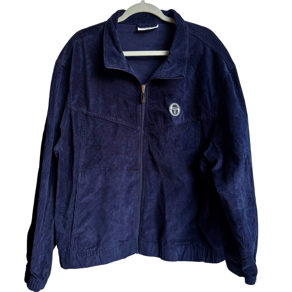 Sergio Tacchini Corduroy Track Jacket XL Navy Blue Minimal Logo Full Zip